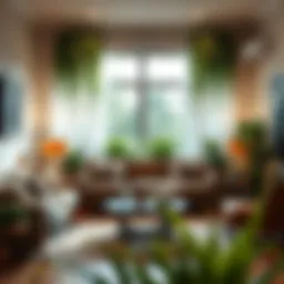 Elegant living room adorned with vibrant fake plant curtains bringing a refreshing touch of nature indoors