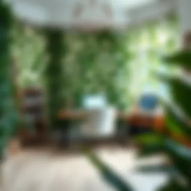 Home Office with Unique Fake Plant Curtains Stylish home office featuring fake plant curtains as a unique backdrop, enhancing creativity and inspiration