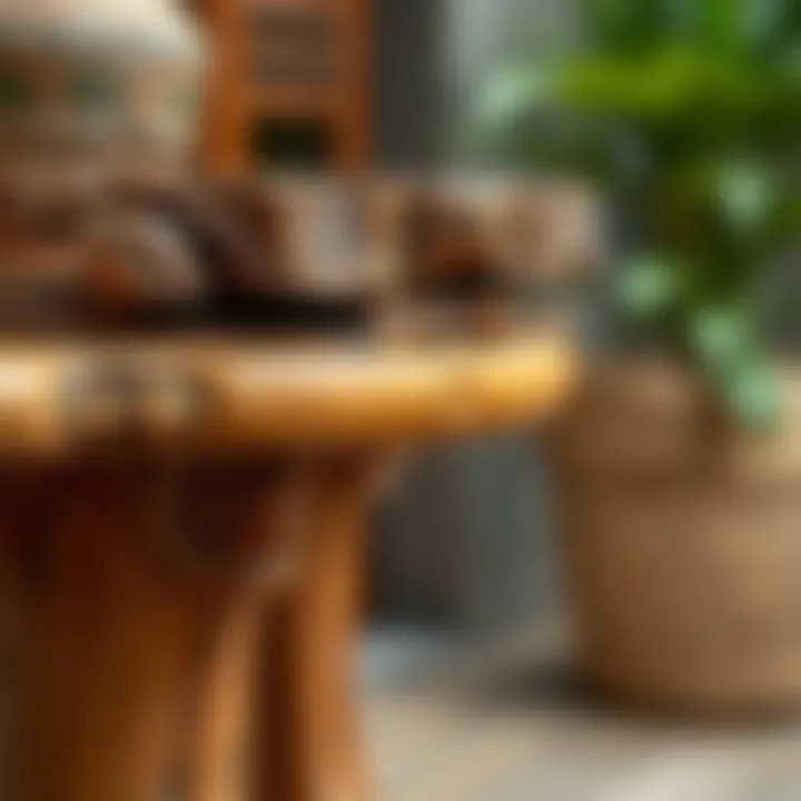 Close-up view of intricate wood craftsmanship on a rustic table