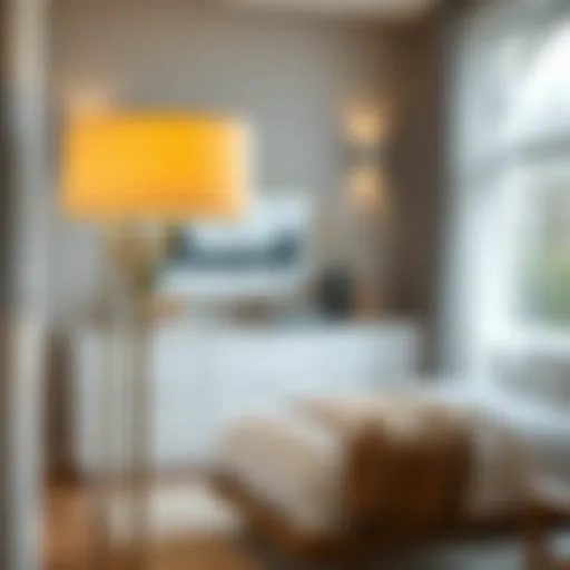 Elegant floor lamp casting a warm glow in a master bedroom