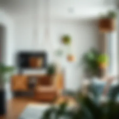 A stylish interior showcasing narrow hanging baskets in a modern living space.