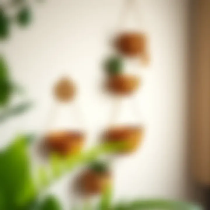 Creative use of narrow hanging baskets as a decorative element on a wall.