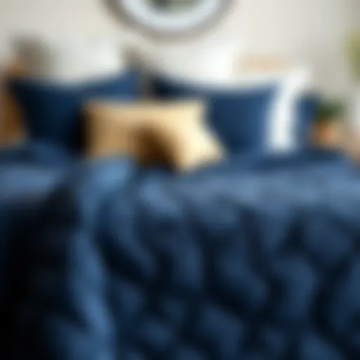 Elegant Navy Blue Quilt on Bed Elegant navy blue quilt draped over a bed with decorative pillows