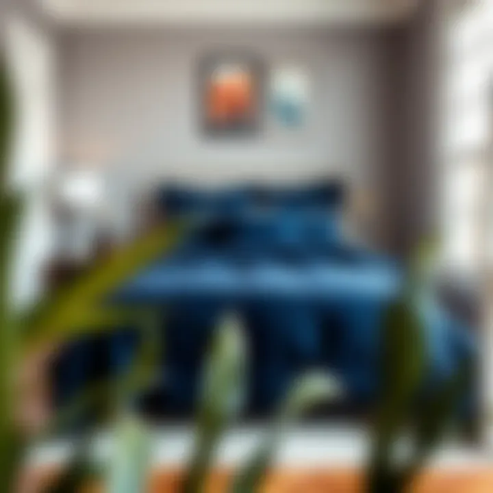 Stylish Bedroom with Navy Blue Quilt Stylish bedroom featuring navy blue quilt coordinating with wall decor