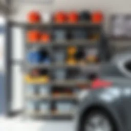 Stylish garage shelving unit displaying tools and storage bins