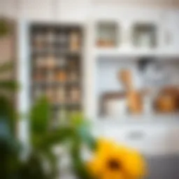 Organized narrow spice cabinet with labeled jars
