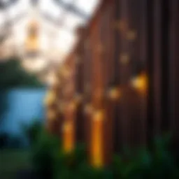 Elegant string lighting adorning a wooden fence in a serene outdoor setting