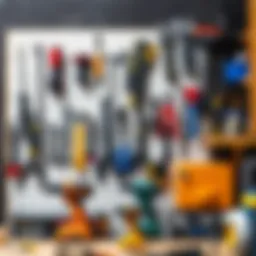 A well-organized peg board showcasing various tools in a workshop setting.