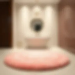 Luxurious pink fuzzy bathroom rug on a polished floor