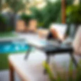 A stylish portable lap desk in an outdoor setting with a laptop on it.