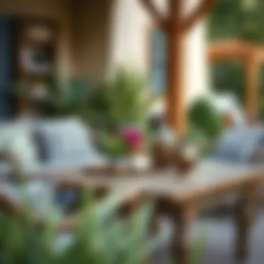 Rustic accent table set up with decorative items in outdoor seating