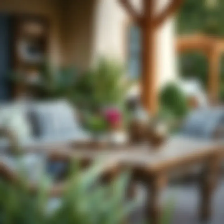 Rustic accent table set up with decorative items in outdoor seating