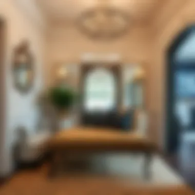 Luxurious upholstered bench with intricate patterns in a sophisticated foyer