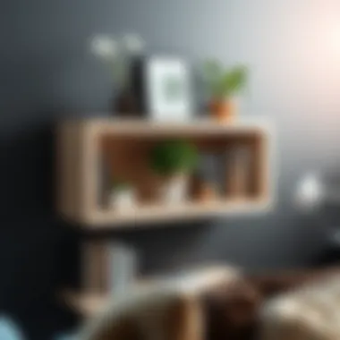 Modern small open shelf with plants and art pieces