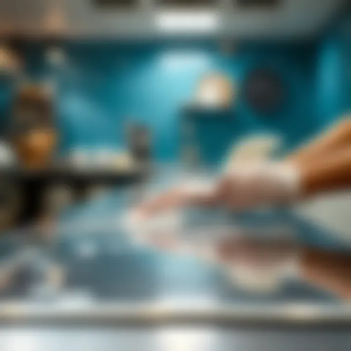 Close-up of a stainless steel table being cleaned for hygiene