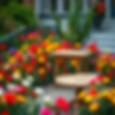 Stylish arrangement of rustic tables amidst garden flowers