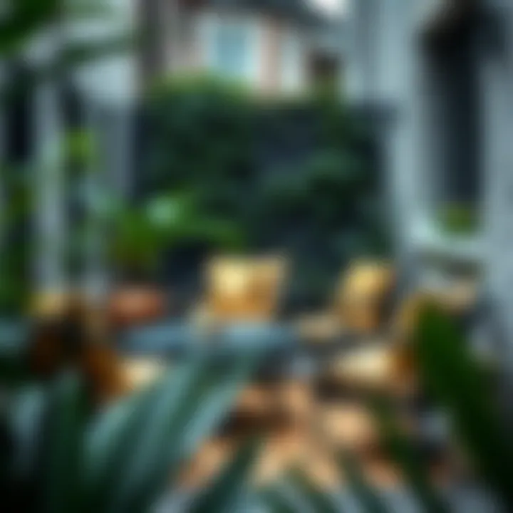 Stylish Outdoor Area with Gold Cushions Stylish outdoor area featuring gold cushions and greenery
