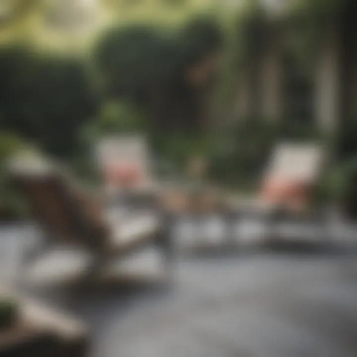 A stylish patio featuring various sling lounge chairs