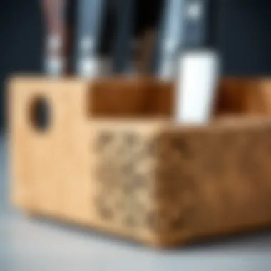 Close-up of a cork knife organizer with intricate design