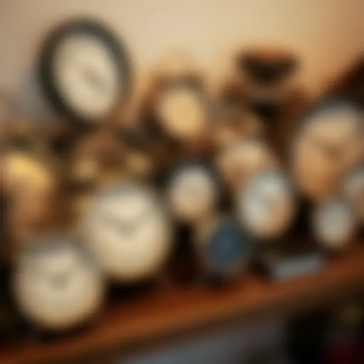 Diverse Styles of Timepieces An eclectic arrangement of different styles of analogue clocks on a shelf