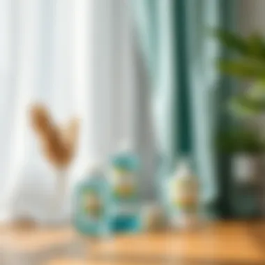Sustainable Choices: Eco-Friendly Care for White Aqua Curtains Eco-friendly curtain maintenance products next to white aqua curtains
