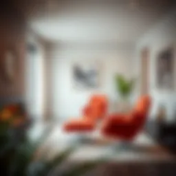 Elegant red lounge chair with ottoman in a modern living room setting