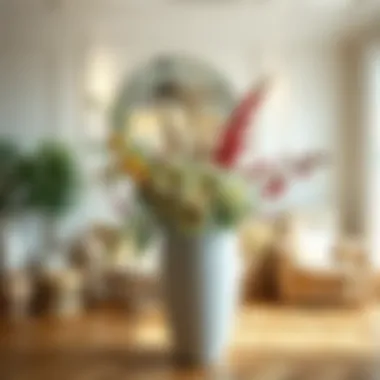 Large white floor vase styled with seasonal flowers in a bright room