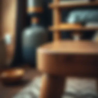 Close-up of a wooden bench stool showcasing craftsmanship