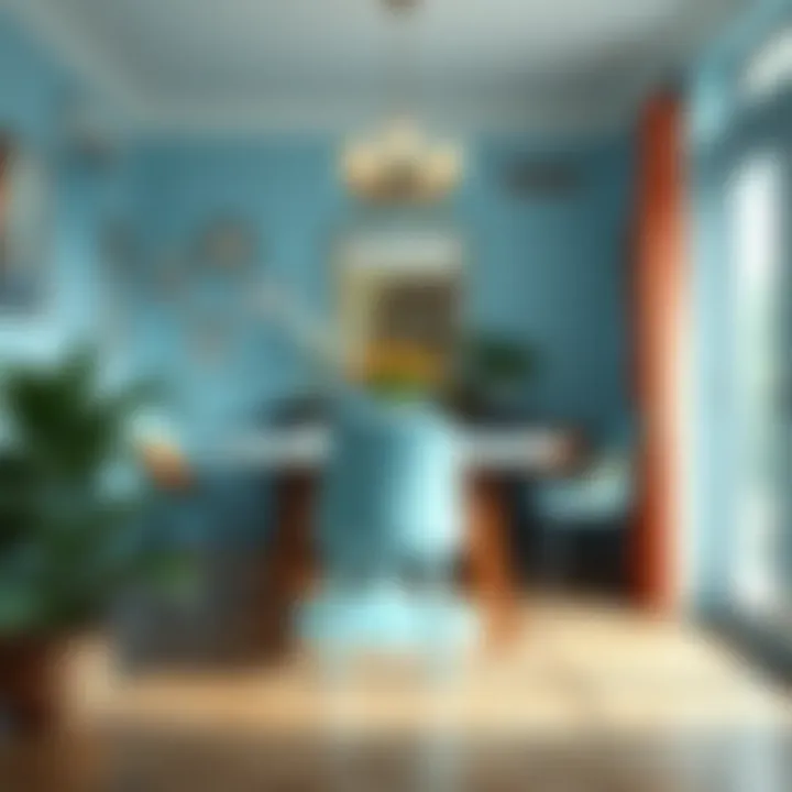 Vibrant Harmony: The Pale Blue Chair in a Dining Space A bright dining area with a pale blue chair complementing vibrant decor