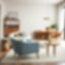 A serene living room featuring a pale blue chair that harmonizes with neutral decor