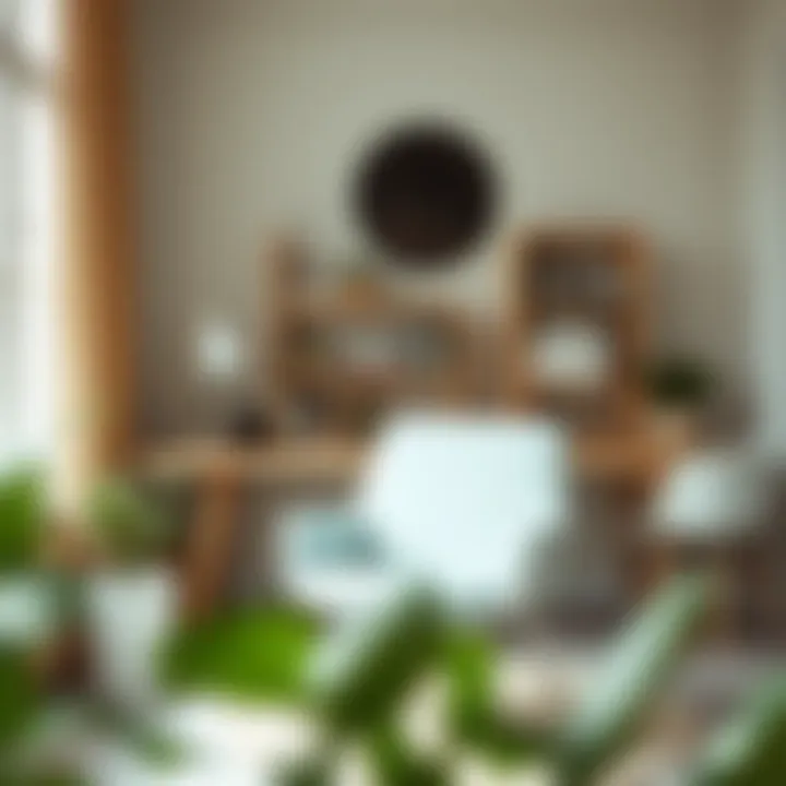 Elegance in Functionality: The Pale Blue Chair in a Workspace An elegantly styled workspace with a pale blue chair as a focal point