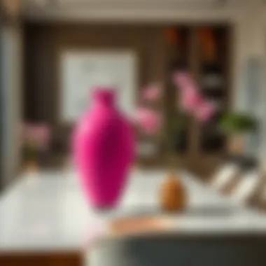 Large pink vase as a centerpiece on a dining table