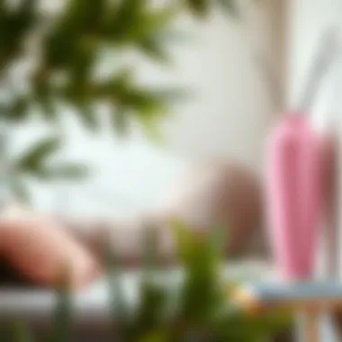 Stylish large pink vase in a cozy reading nook