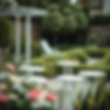 Elevated Garden Aesthetics with White Wood Tables Elegant arrangement of white wood outdoor side tables in a serene garden