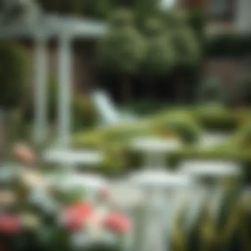 Elevated Garden Aesthetics with White Wood Tables Elegant arrangement of white wood outdoor side tables in a serene garden