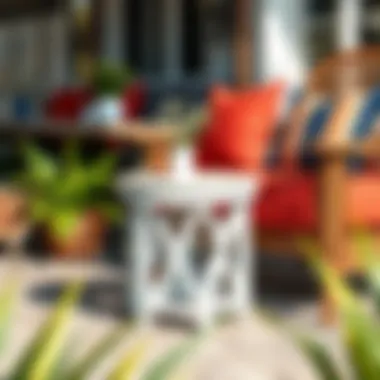 Harmonious Color Combinations with White Wood Stylish white wood outdoor side table paired with colorful outdoor seating