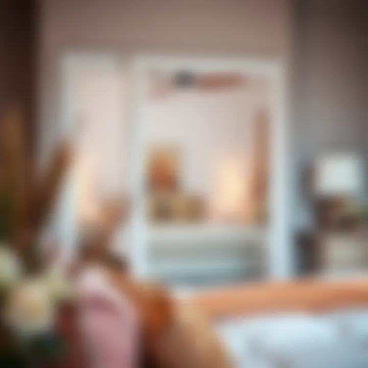 Cozy Bedroom Featuring a White Framed Floor Mirror Stylish white framed floor mirror reflecting a cozy bedroom