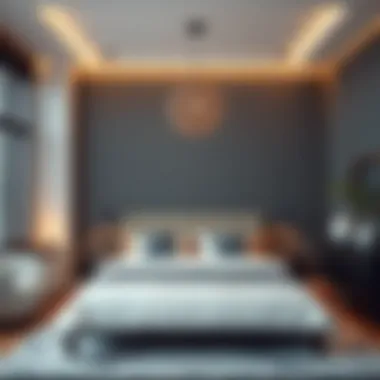 Functional furniture layout around a 52 x 74 bed