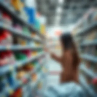 Consumer Engaging with Discount Shelf A shopper examining items on a discount shelf, illustrating consumer behavior and decision-making