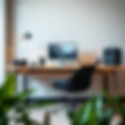 A modern desk featuring integrated cord management solutions