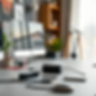 Sleek Workspace with Organized Cables A stylish workspace showcasing organized cables and sleek design