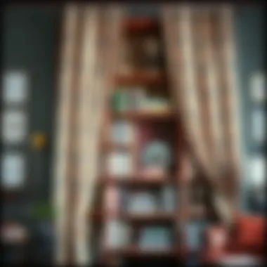 Colorful Curtains for Vintage Bookshelves Colorful curtains adding personality to a vintage bookshelf