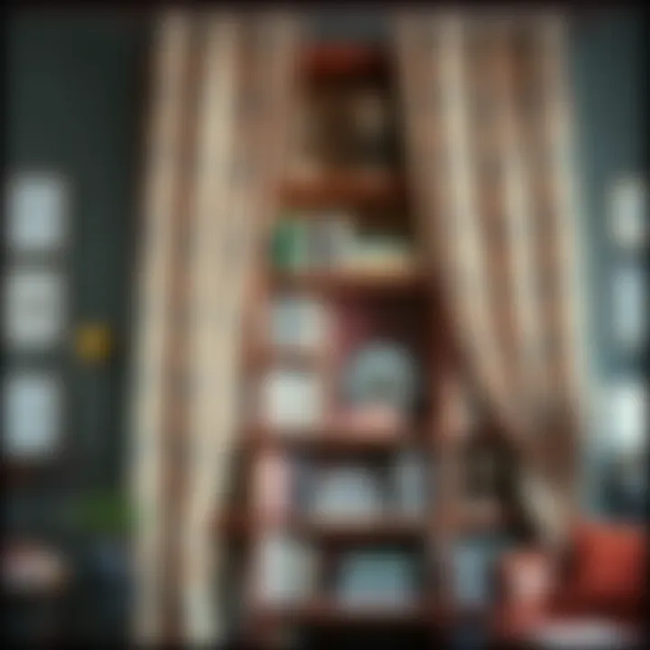 Colorful Curtains for Vintage Bookshelves Colorful curtains adding personality to a vintage bookshelf