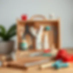 A wooden toy doctor kit showcasing various medical instruments.